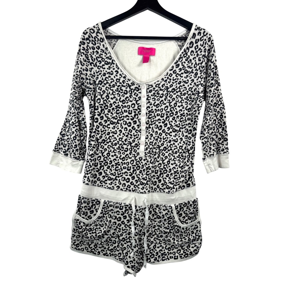 Victoria's Secret Romper sz M Leopard Waffle Knit Henley‎ lounge Y2K 90s